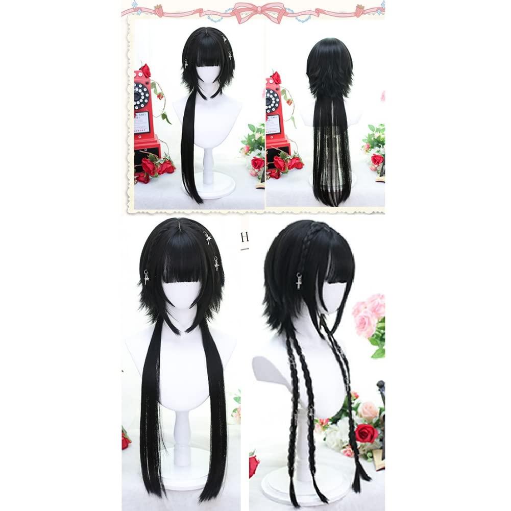 SCORRO Hime Cut Long Straight Black Layered Hair Lolita Bob Wig Hair with Bangs, Pre-styled Jellyfish Braided Hair Wig for Women Girls, Party Wig Halloween Daily Wigs (braided Styling,natural Black)