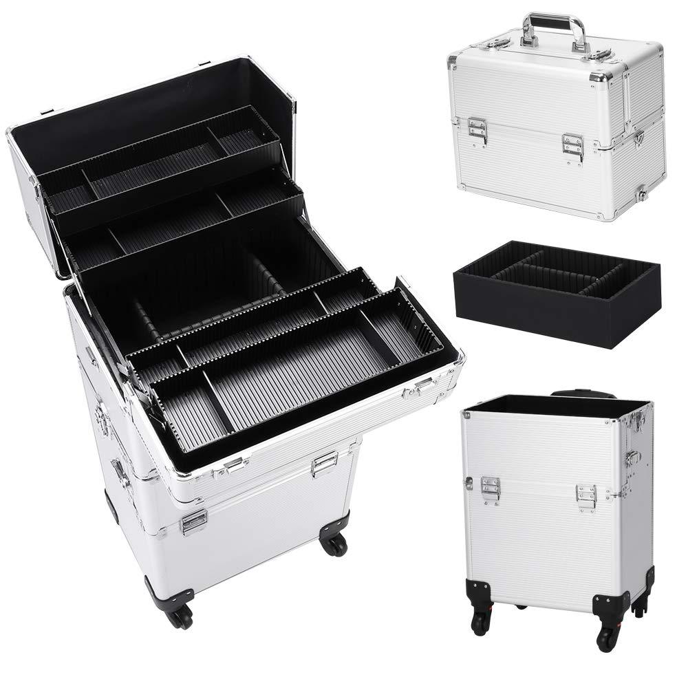 Hikarinowa 3 in 1 Aluminum Rolling Makeup Trolley Case,Professional Aluminum Rolling Cosmetic Trolley Train Case,Portable Makeup Organizer Suitcase,with Wheels,for Nail Tech Hairstylist Barber (Silver)