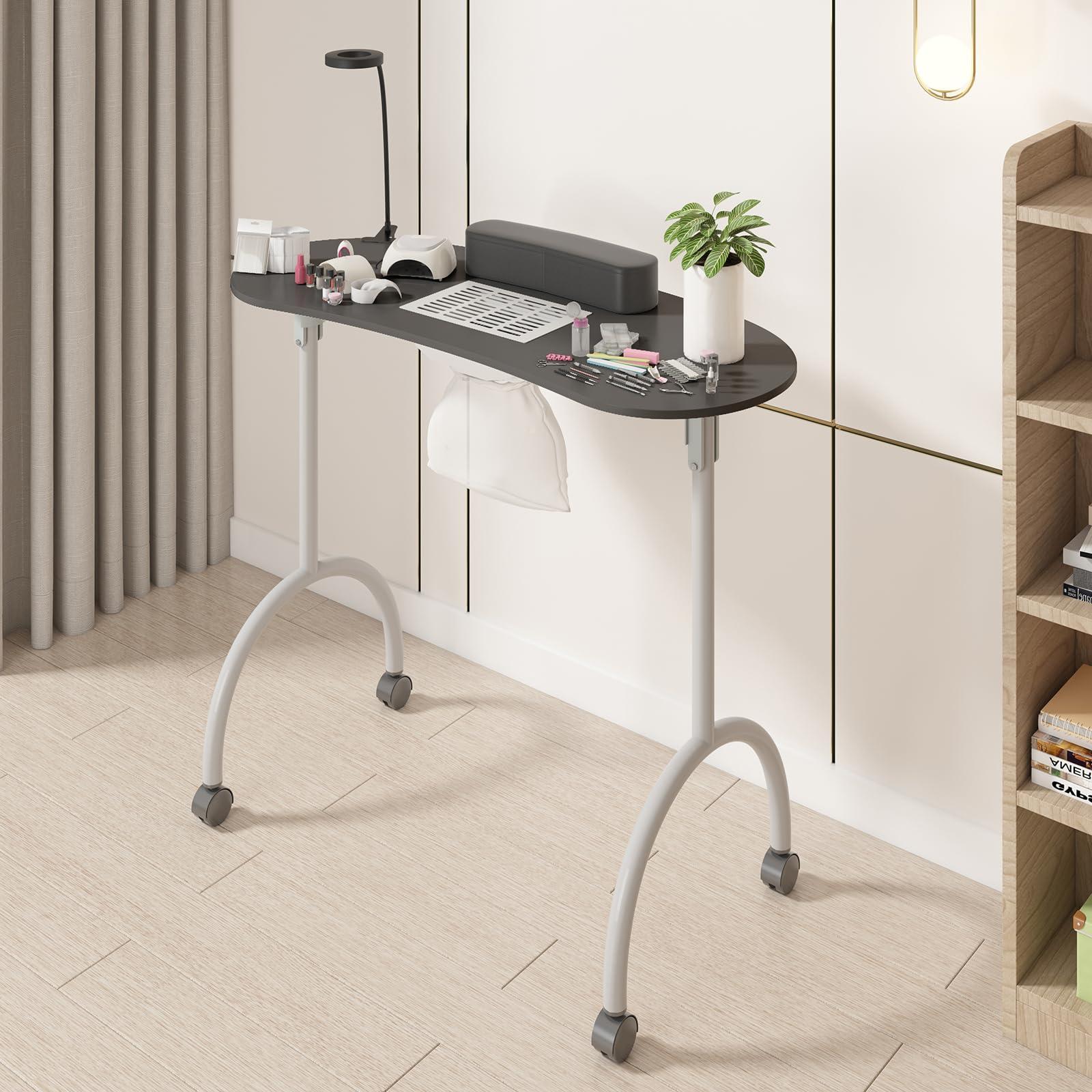 TABU TABU Portable Manicure Nail Table, Foldable Manicure Table with Dust Collector Fan, LED Lamp, 4 Lockable Wheels and Carry Bag, Professional Nail Desk with Wrist Cushion (Black)