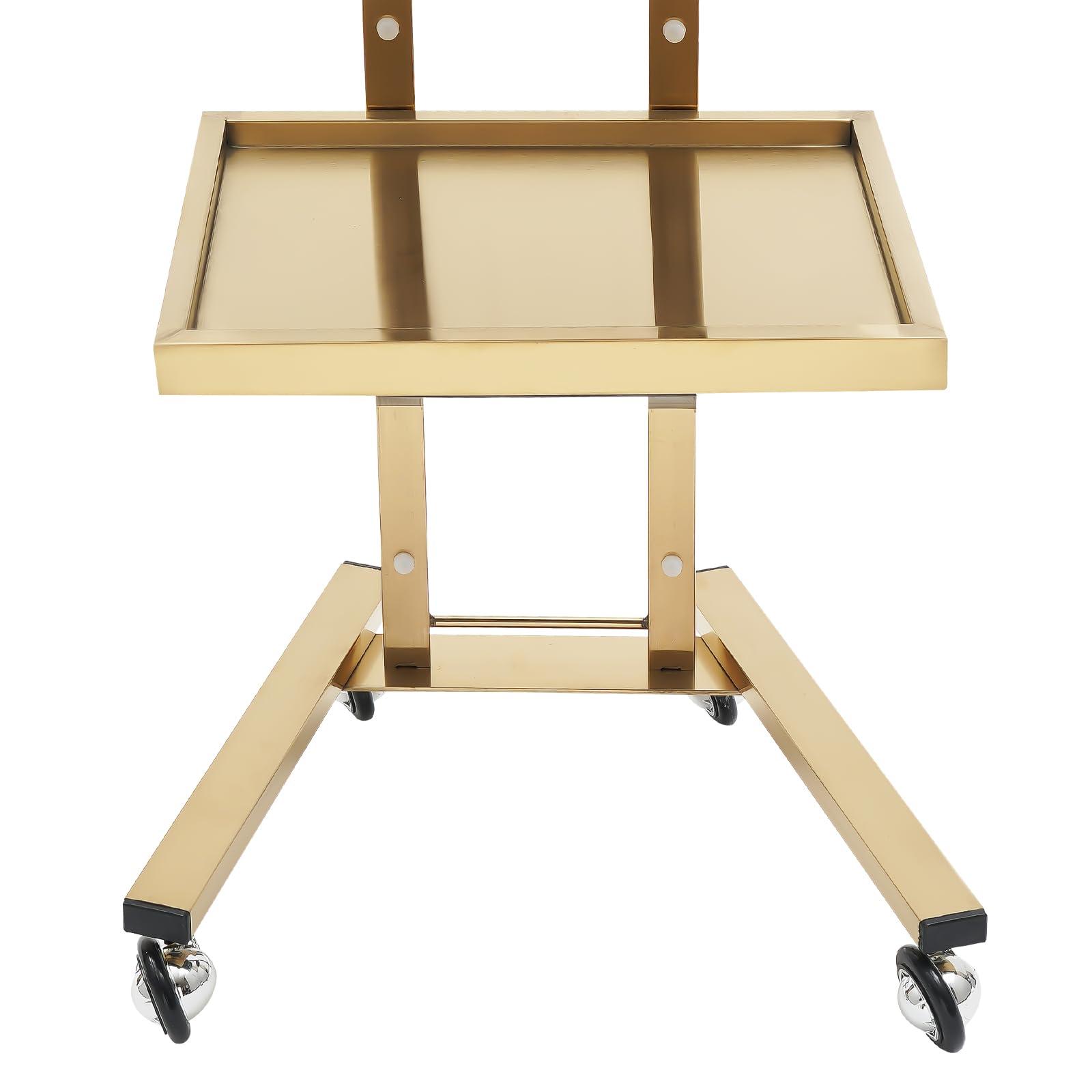 Pinelicorn 2 Tier Metal Rolling Cart, Stainless Steel Salon Tray with Wheels, Foldable Utility Carts, Folding Salon Tray Trolley, Rolling Tray Salon Trolley for Tattoo (Golden)