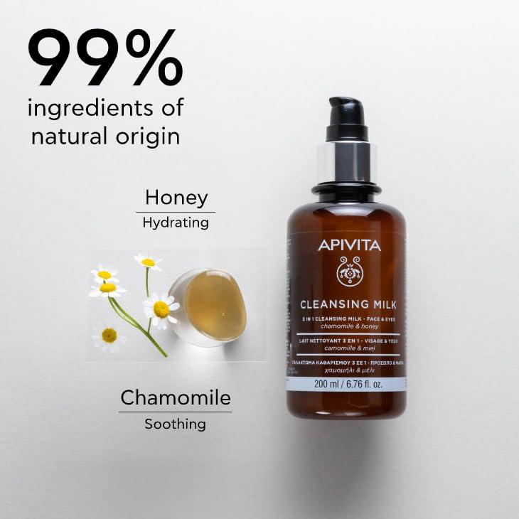 Apivita APIVITA Cleansing Milk | Hydrating & Smoothing 3-in-1 Cleansing Milk Face & Eye Cleanser + Makeup Remover with Chamomile & Honey, 200 mL / 6.67 oz