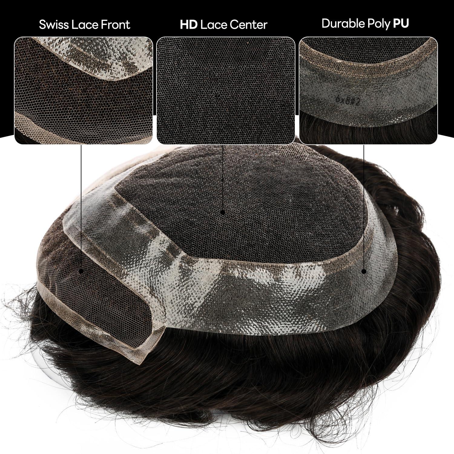 Blayzehair Toupee For Men Hair Replacement System Swiss lace Men Toupee European Human Hair HD Lace Hair System Poly Skin PU Around Men Hair Piece. (2# Darkest Brown, 6x8\"-100% Light Med-Light Density)
