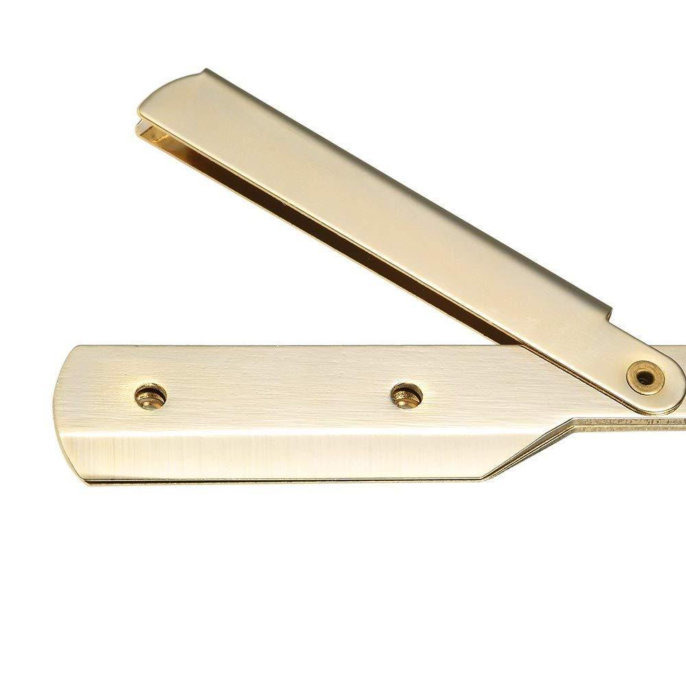 DREZUR Sicastar Stainless Steel Straight Edge Barber Shaving Razor Folding Straight Razor Single Edge Replaceable Blades fit for All of Double Edge Razor Blades (Gold)