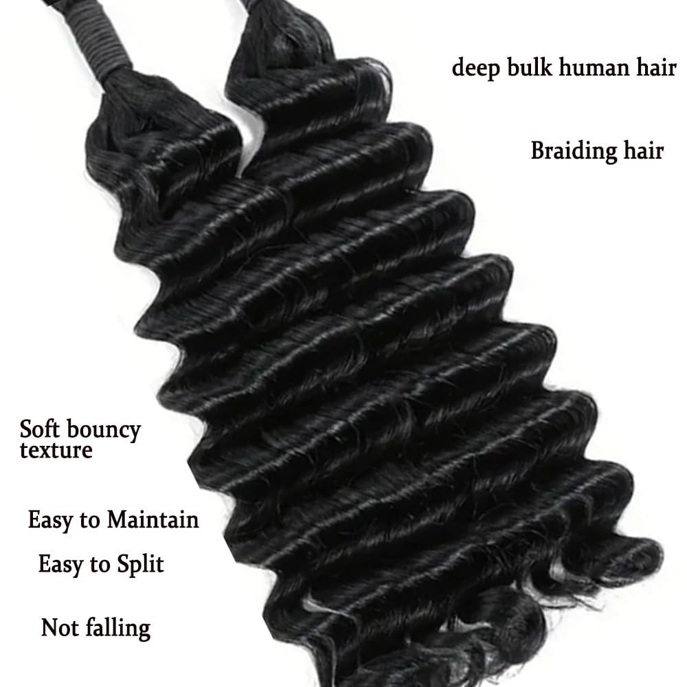 VANTELUVE Deep Wave Bulk Human Hair for Braiding 18 inches Deep Bulk Human Hair for Braiding no Weft 95g 2 Bundles Virgin Human Hair Extensions Bulk Curly Human Hair for Boho Braids Natural Black