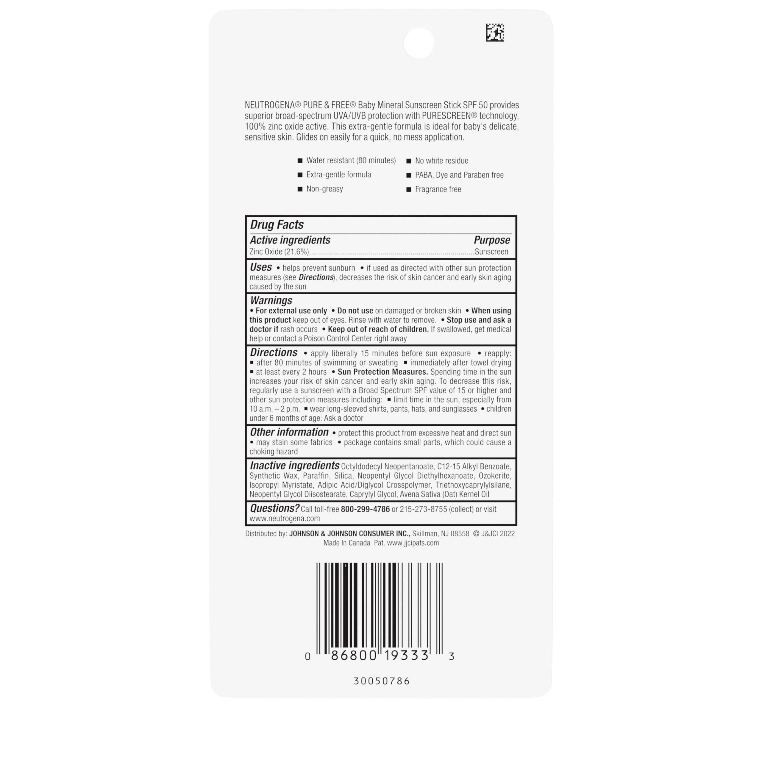 Neutrogena Neutrogena Pure & Free Baby Mineral Sunscreen Stick with Broad Spectrum SPF 50 & Zinc Oxide, Water-Resistant, Hypoallergenic, Paraben-, Dye- & PABA-Free Baby Face & Body Sunscreen, 0.47 oz