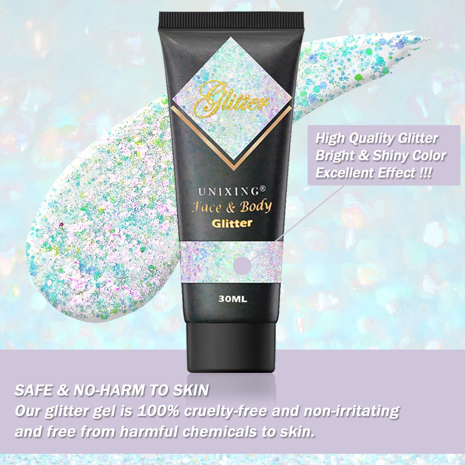 Unixing Body Glitter Gel for Face, Hair, and Makeup - Self-Adhesive Mermaid Sequins Paint - Chunky Glitter for Mardi Gras, Concerts, Music Festivals, Rave