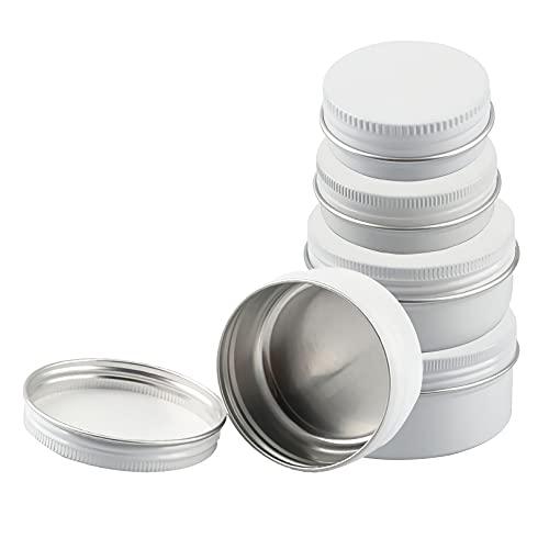 Dlibuy DLIBUY 50 Pcs 100ml 100g Empty Round White Aluminum Tin Jars with Screw Lids Cosmetics Lip Balm Containers Pots for DIY Candle Salve Powder Crafts Storage Cans 3x Alu Spoon, 50x Ø 7cm Labels
