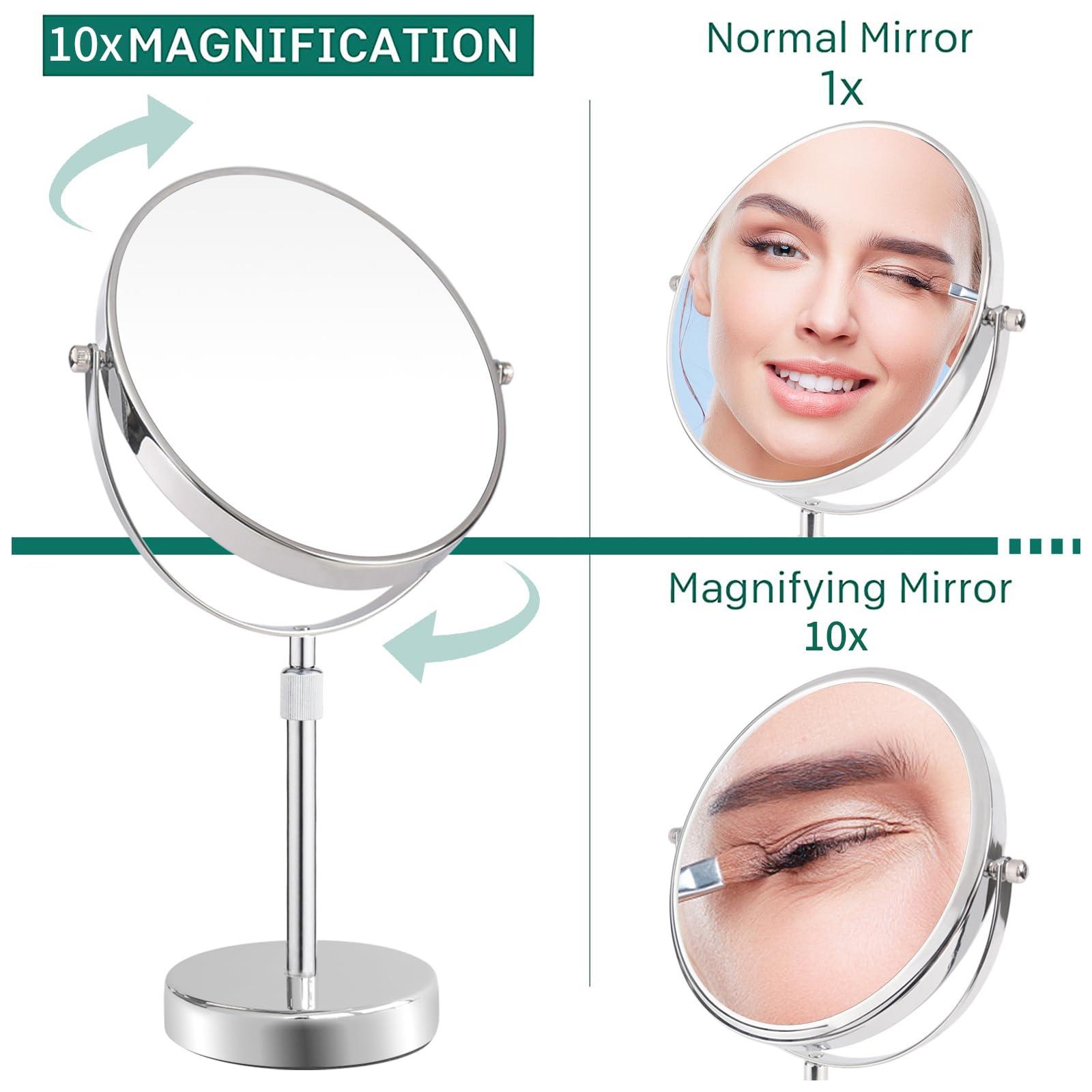 Nicesail Nicesail 19 Inch Tall Makeup Mirror with 10X Magnification, Make up Mirror 8 Inch Double-Sided, Table Mirror with Pedestal for Shaving, Standing Mirror Height Adjustable Chrome Finish (8 Inch, 10X)