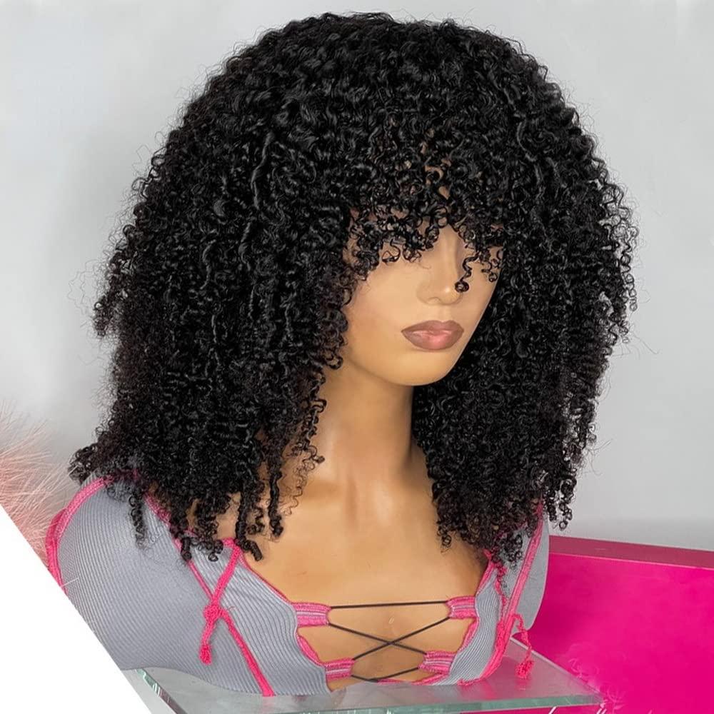 mszyhuwan Afro Mongolian Hair Kinky Curly Human Hair Wigs For Black Women Curly Bob Wigs With Bangs Glueless No Lace Wig Natural Color Remy Hair Brazilian 200 Density Full Machine Made Scalp Top Wig 16 Inch