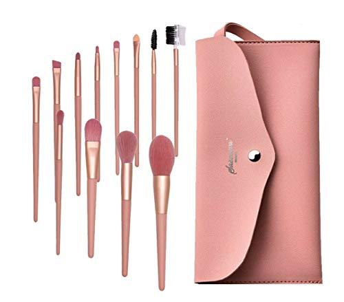 Sazonova Beauty Sazonova Beauty 12 Pcs Vegan Cruelty Free Luxury Wood Handle Pink Make Up Brushes with PU Leather Bag (Pink)