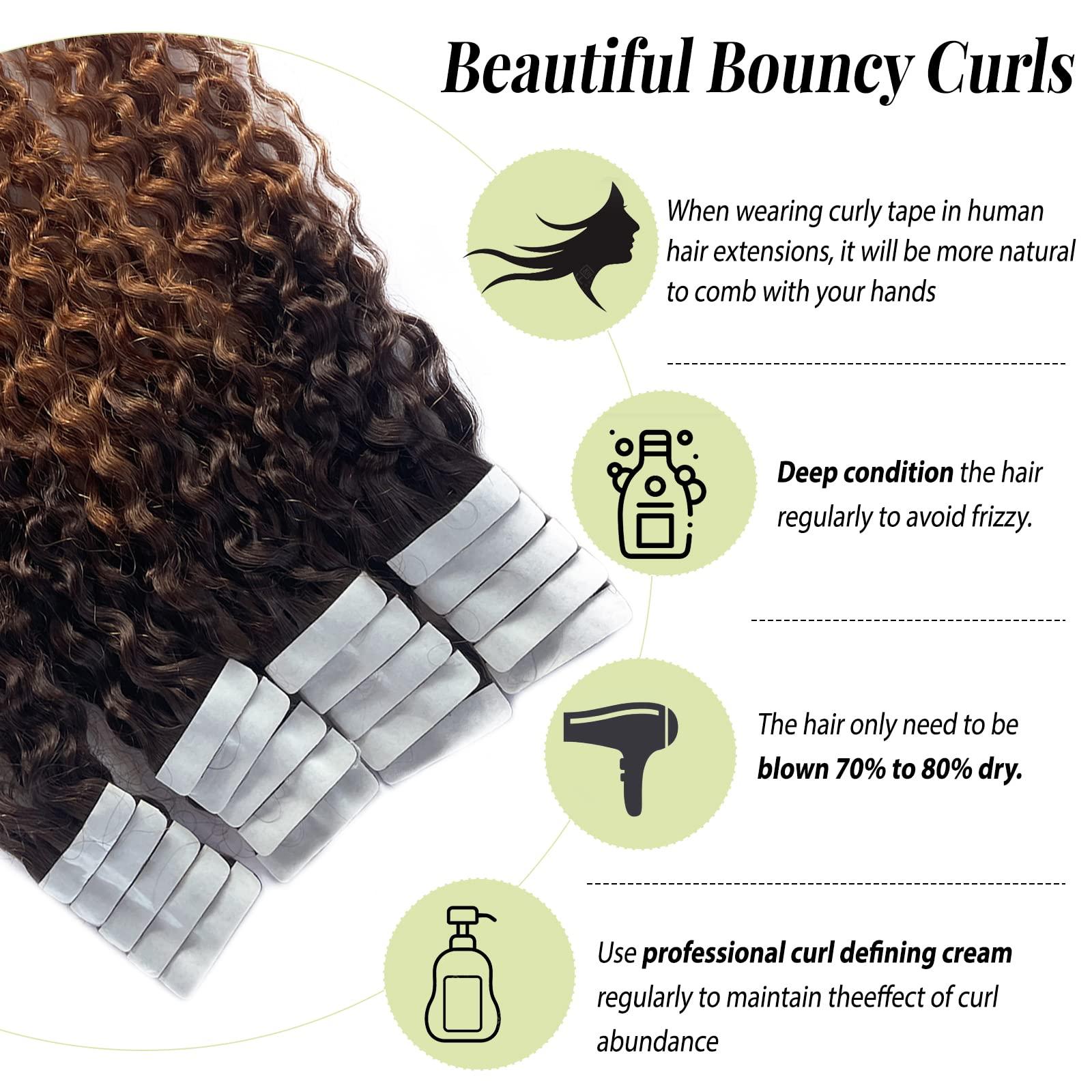 Valiilo Remy Tape in Extensions Curly Human Hair Extensions 20 Pieces 50 Gram for Women, Jerry Curly Tape in Human Hair Extensions Real Human Hair Brown to Medium Auburn Tape on Extensions 24 Inch