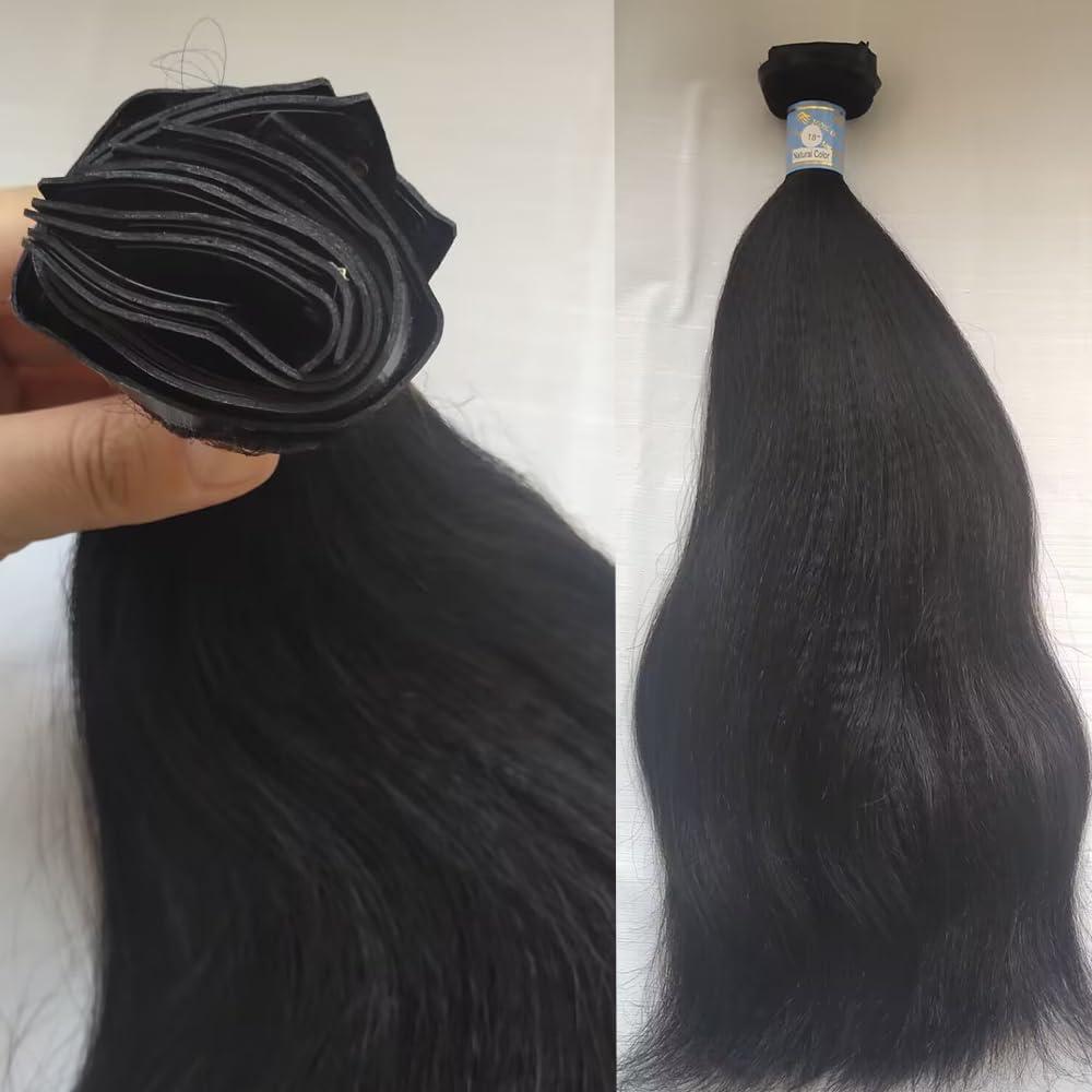 YOUNG BEAUTY Yaki Straight Clip ins Hair Extensions Seamless PU Clip In Human Hair Extensions Invisible PU Skin Weft Virgin Hair Natural Color 14inch 120g 7pcs/Set