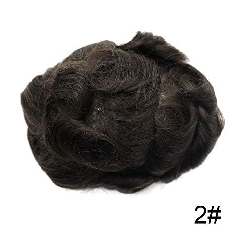 Curve Hair Thin Skin Men's Toupee Real Human Hair Pieces for Men 0.1-0.12mm Medium PU Durable Mens Hair System Full Poly Hair Replacement for Men PAPY (8"x10", 2 Darkest Brown-90% Light Density)