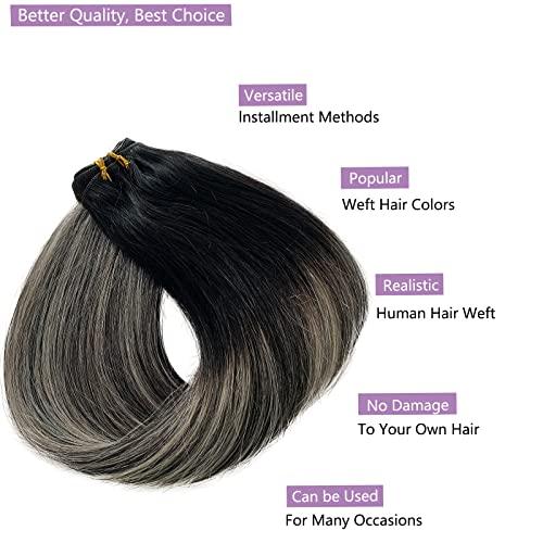 Licoville Silver Ombre Sew in Hair Extensions Human Hair Black and Gray Weft Hair Extensions Real Human Hair Sew in Balayage Black to Gray Highlights Hair Bundles 20 Inch 100grams