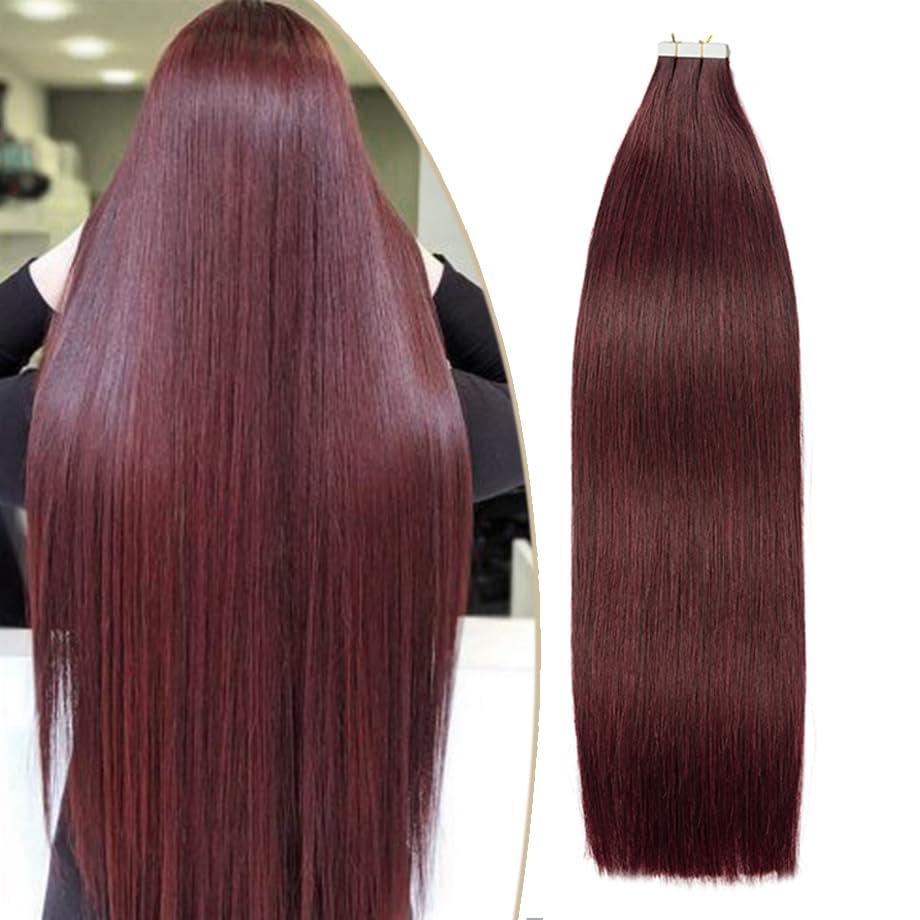YUXING1205 YUXING1205 #99J 20/40pcs Wine Red Tape in Hair Extensions Real Human Hair Invisible Seamless Burgundy Human Hair Tape in Extensions(40 pcs,20 inches)