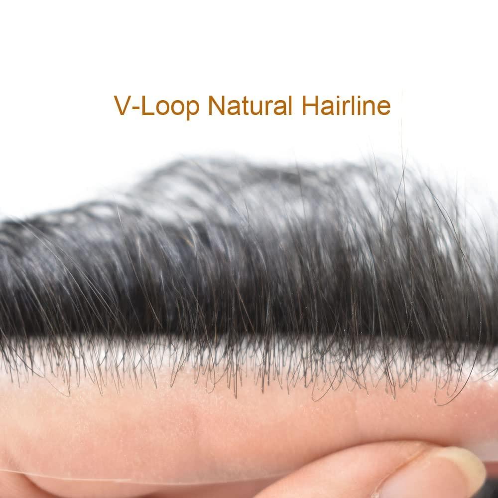 Curve Hair Invisible Mens Receding Hairline Human Hair Replacement System Mens Hairline Toupee V-Loop Skin PU Frontal Hairpiece Natural V-Shape (4cmX18cm, 3 Dark Brown)