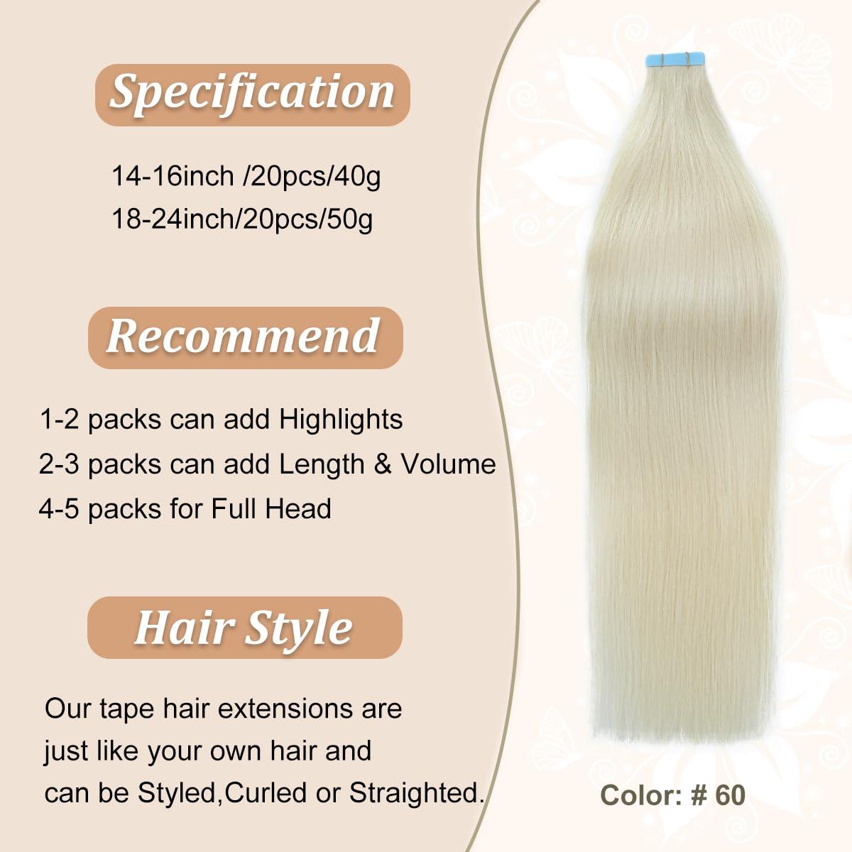 LAKASTATR 14 Inch Tape In Hair Extensions Real Human Hair #60 Platinum Blonde Tape ins Hair Extensions Seamless Skin Weft Human Hair Extensions Invisible Tape in Extensions (40g 20pcs/pack)