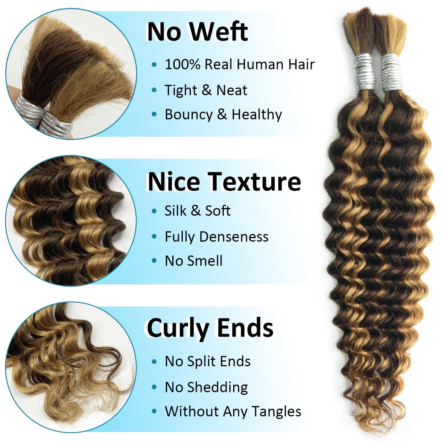 djd 4/27 Human Braiding Hair For Boho Braids 20 Inch 100g Highlight Blonde Human Hair Bulk Deep Wave 100% Curly Human Hair For Braiding Wet And Wavy Human Hair For Bohemian Braids Water Wave Human Hair