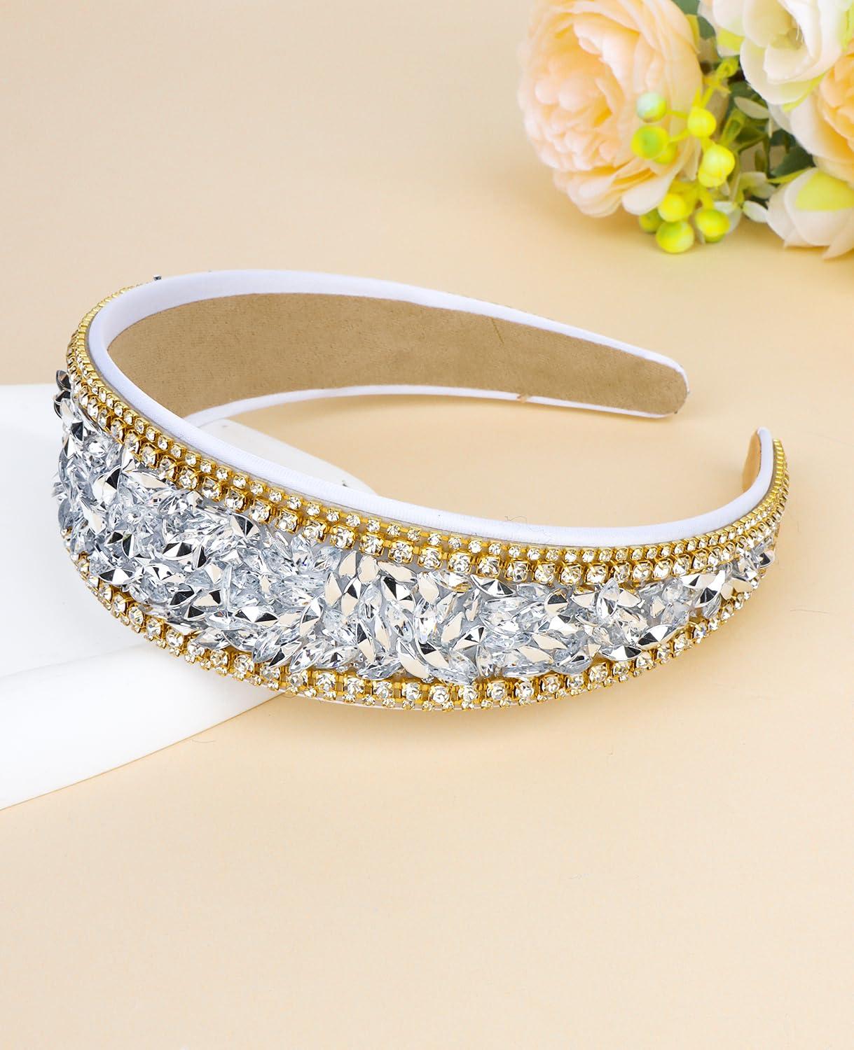 Wecoe Wecoe 1pc Silver Rhinestone Headband Women 1.6 Inch Wide Headband Fancy Sparkly Bling Diamond Headband Fashion Non Slip Luxury Beaded Jeweled Headband Costume Hair Accessories For Women Girls Gifts