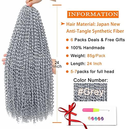 RENJOING Grey Passion Twist Hair 24 Inch 6packs Gray Water Wave Braiding Hair for Butterfly Locs Passion Twists Long Bohemian Protective Hair Extensions (24 Inch, 6packs, Grey#)