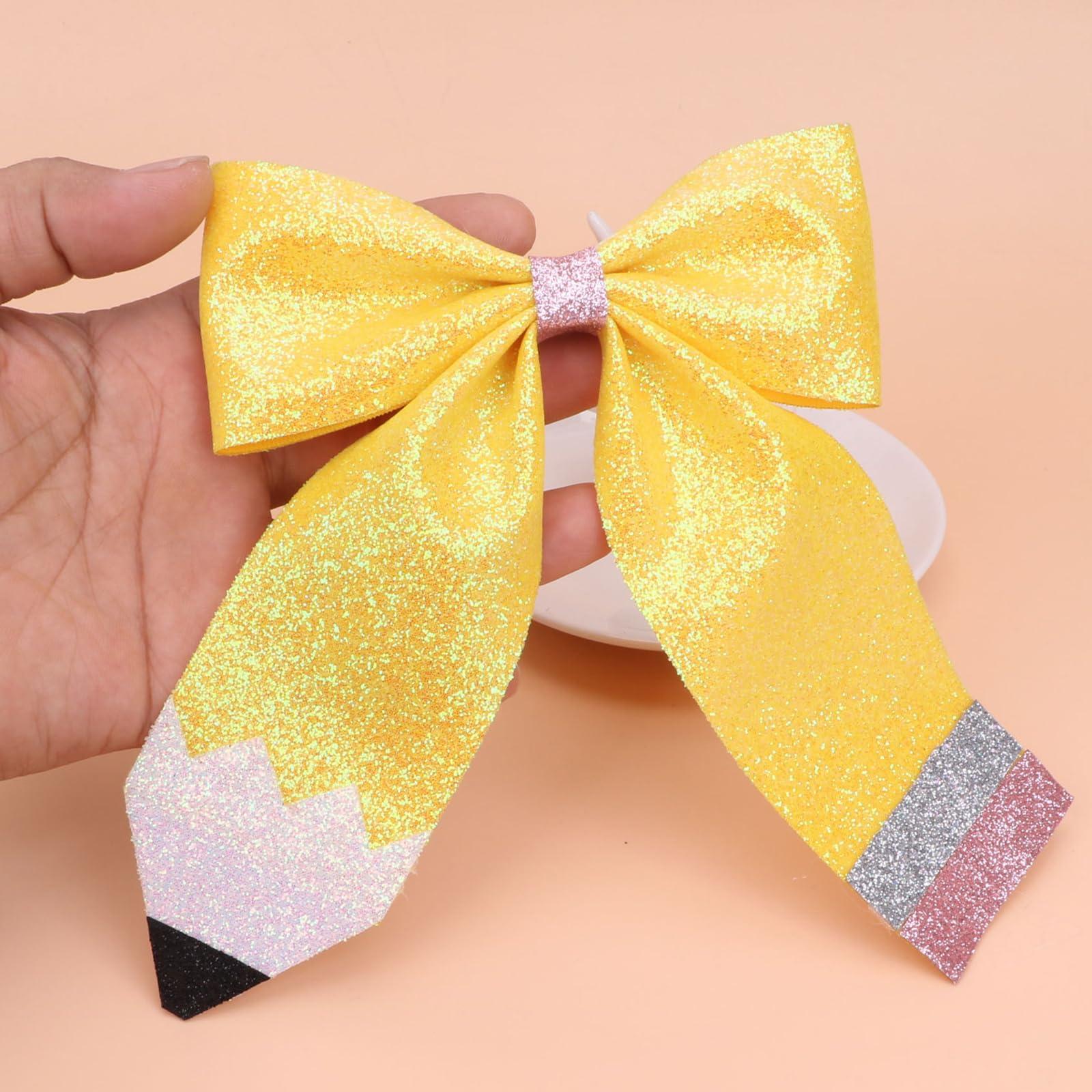 HOXIEYA Yellow Pencil Bows Hair Clip Back to School Hair Bows Clips Cheer Hair Accessories for Women Toddler Teen Girls Teachers Students Hair Clip Party Outfit Decoration(B-Medium -1pcs)
