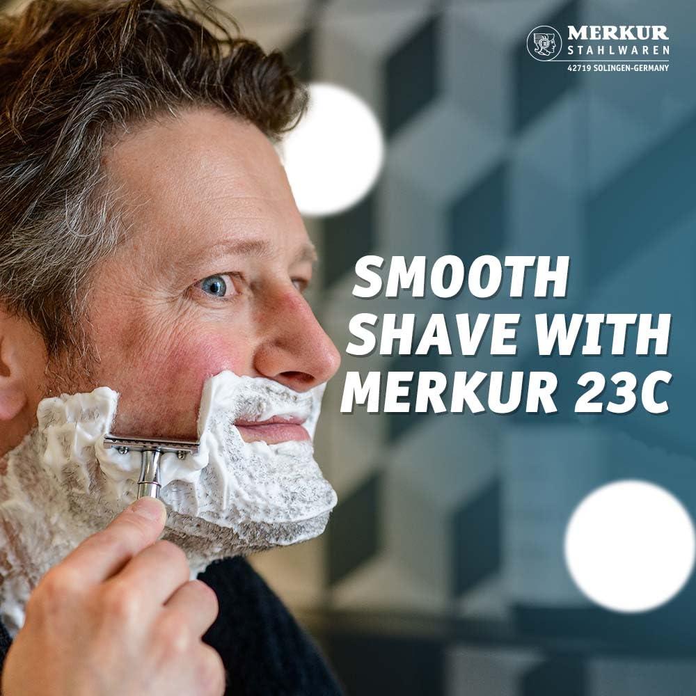 MERKUR MERKUR 5005 Travel Shaving Set featuring MERKUR 23C Three-piece Safety Razor with Long Handle & Bright Chrome Finish, 10 Double Edge Blades & Black Leather Case | Made In Germany