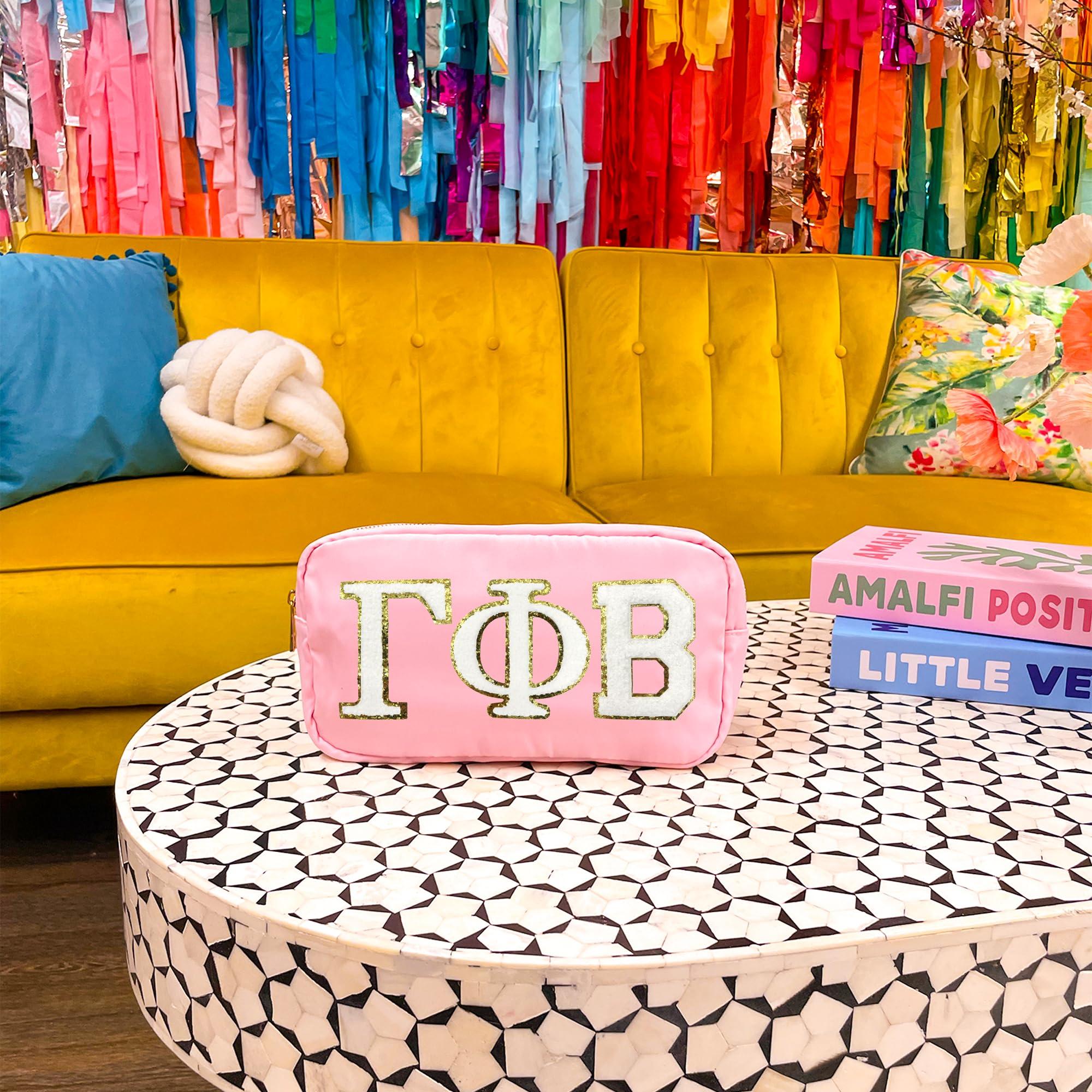 Go Greek Chic Gamma Phi Beta Nylon Makeup Travel Bag, Glitter Greek Letter Patch, Cosmetic Case - Pink -