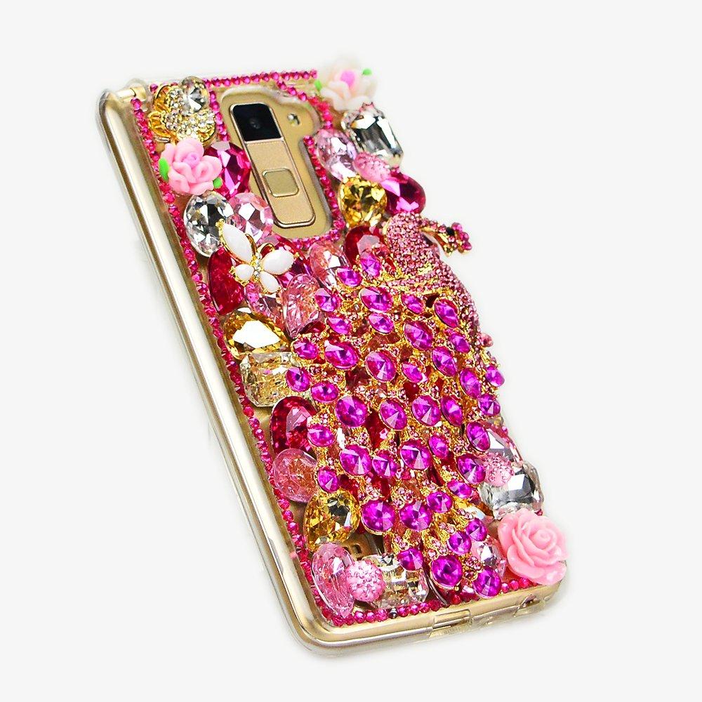 STENES STENES LG Stylo 2 Case - Luxurious Series 3D Handmade Sparkly Crystal Bling Cover Hybrid Drop Bumper Protection Case With Retro Bows Anti Dust Plug - Luxury Peacock Butterfly Flowers/Hot Pink