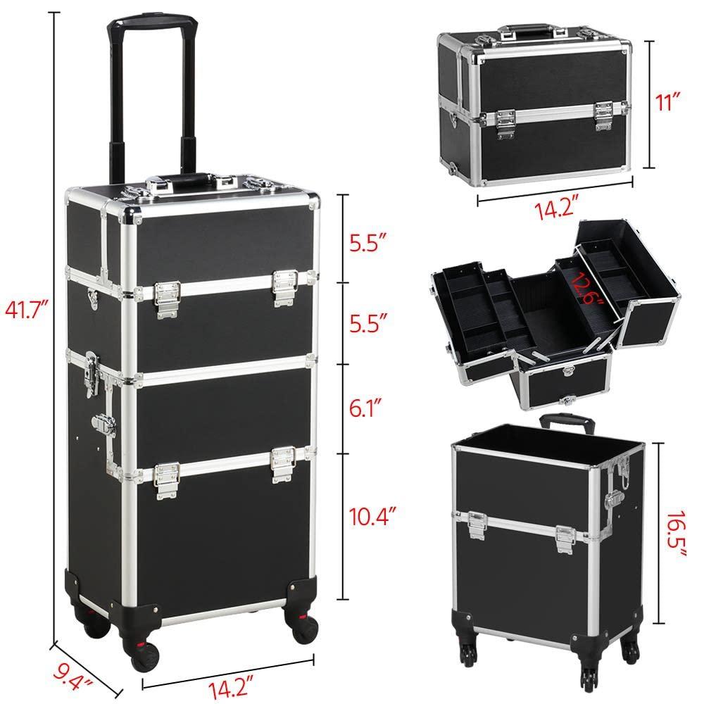 Yaheetech Yaheetech Rolling Makeup Train Case 3 in 1 Cosmetic Makeup Case Large Aluminum Trolley Makeup Travel Case Professional Rolling Cosmetic Beauty Storage, with 360 Swivel Wheels, Black