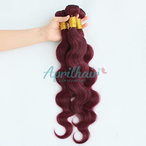 Aprilhair Aprilhair 8A Machine Double Weft Raw Brazilian Virgin Human Hair Extensions Wine Red #99J Body Wave 3 Bundles (14'' 16'' 18'', 99J bundles)