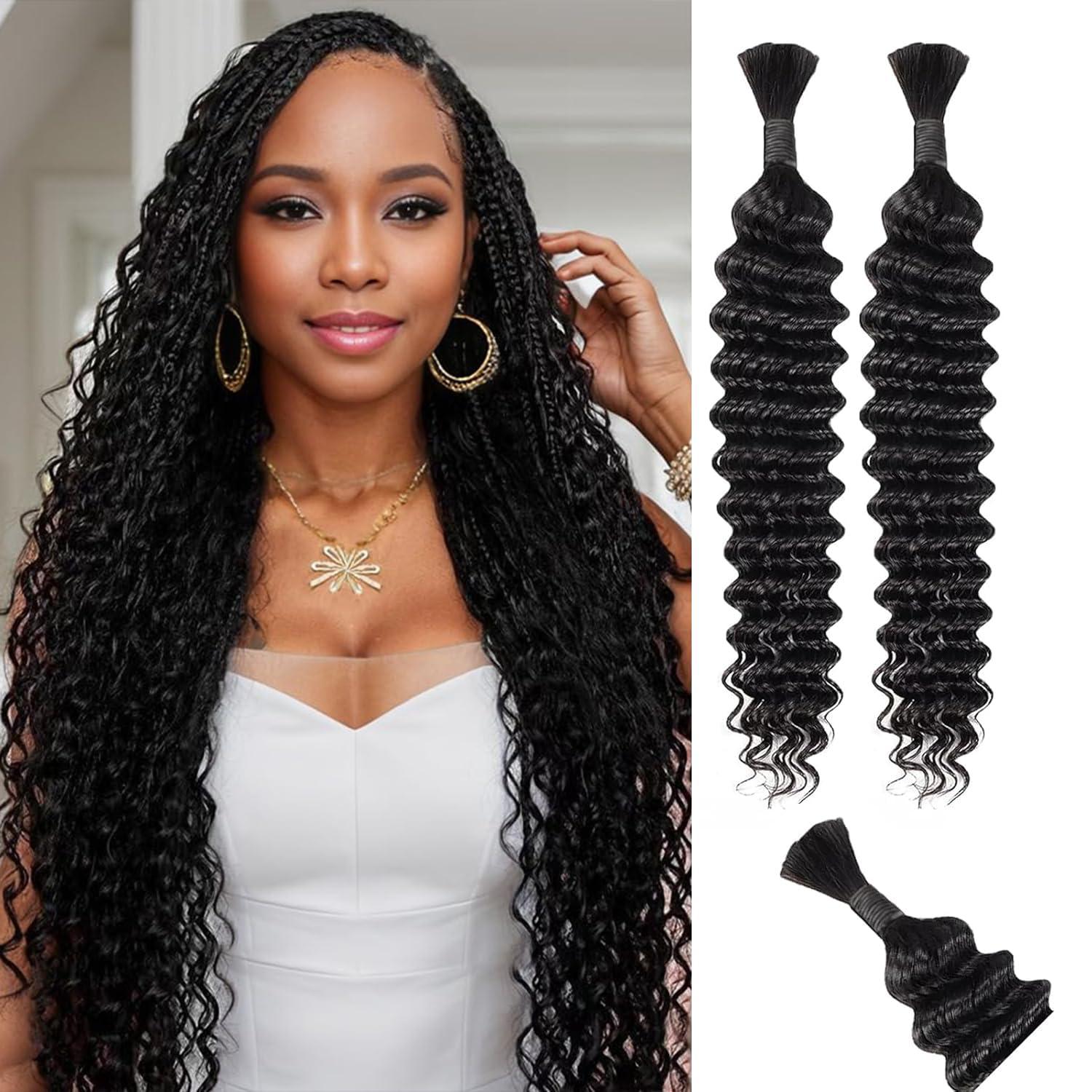 RQY Curls for Boho Braids,Bohemian Hair for Braiding Human Hair 15A Natural Black Human Hair Bundles for Braiding No Weft 1 pack 100g Boho Curly Human Hair for BraidingDeep Wave Human Hair 16inch