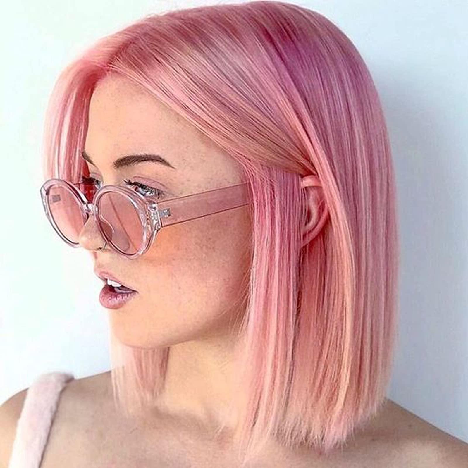 Blonlier Real Human Hair Bob Wigs, Glueless Lace Front Wig, Pre Plucked with Baby Hair, Short Pink Colored Bob, for Black Women, 14 inch Straight 150% Density Full Ends