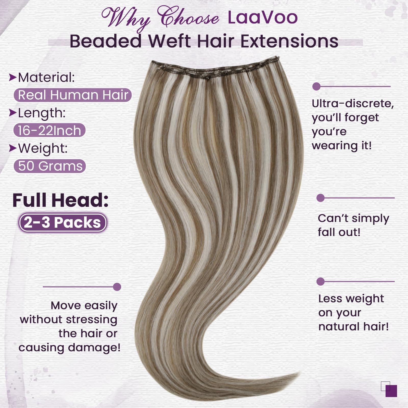 LAAVOO LaaVoo Beaded Weft Hair Extensions Human Hair Micro Bead Hair Extensions Real Human Hair Light Brown with Platinum Blonde Beaded Weft Human Hair Extensions Straight Weft Extensions 50G 20Inch