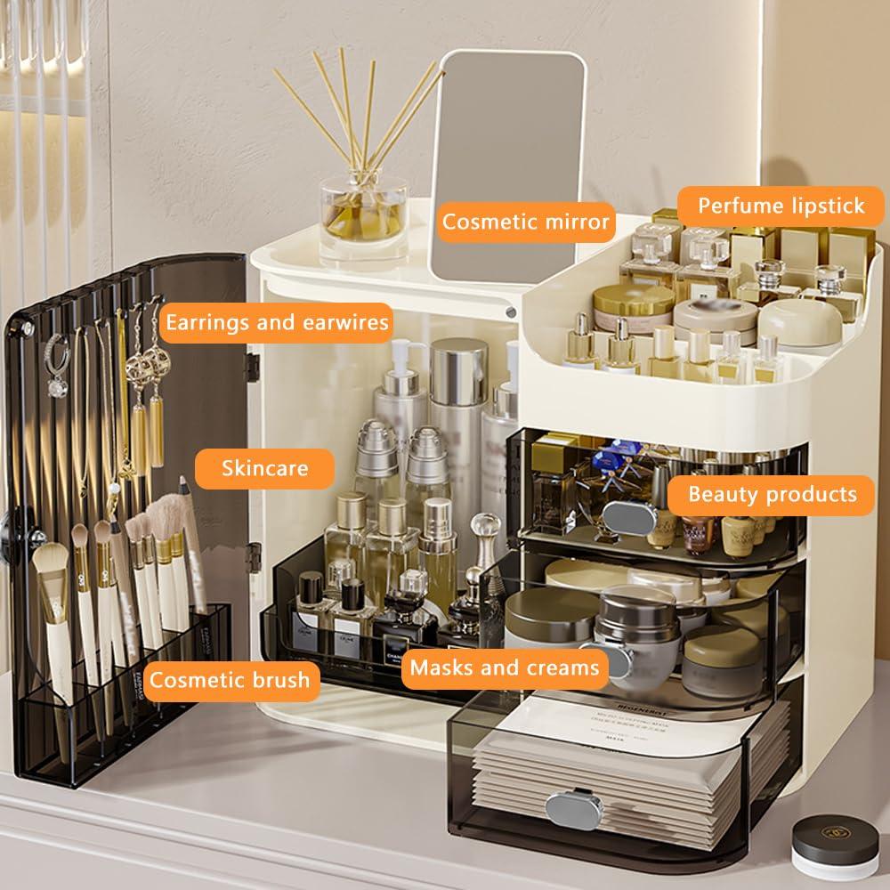 Haiansan Cosmetics Display Case with Mirror, Large Capacity Cosmetic Storage Box with Drawers, Dust and Waterproof Makeup Organizer, Skincare Jewelry Storage Box for Bedroom, Bathroom (Transparently black)