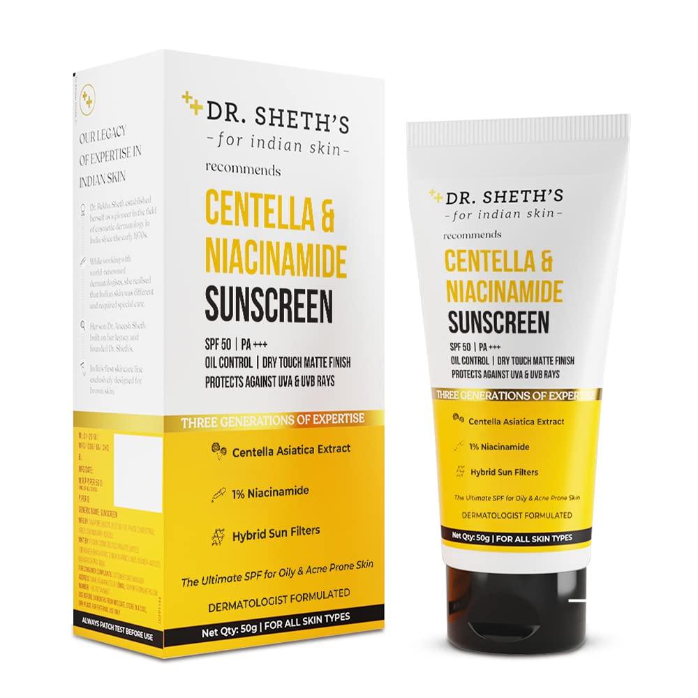 Dr. Sheth\'s Dr. Sheths Centella & Niacinamide Oil Control Sunscreen with SPF 50 & PA+++ | Gel Based Formula with Dry Touch Matte Finish | Ideal for Oily & Acne-Prone Skin | 1.76 Oz/50 g