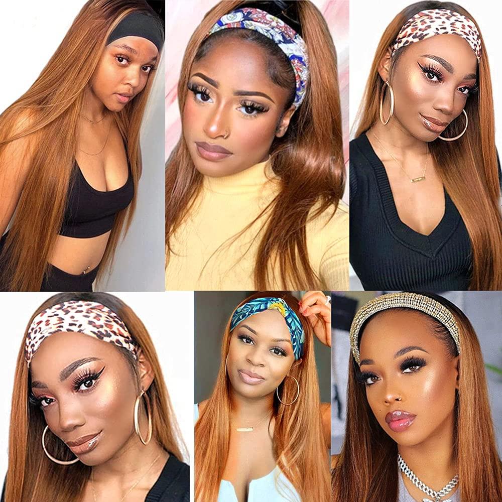 YiweYowe YiweYowe Brown Straight Headband Wigs Human Hair 1B30 Brown Ombre Wigs Medium Auburn Wigs Dark Root Glueless None Lace Wig 150% Density Brazilian Virgin Hair Machine Made Headband Wig 30 Inch