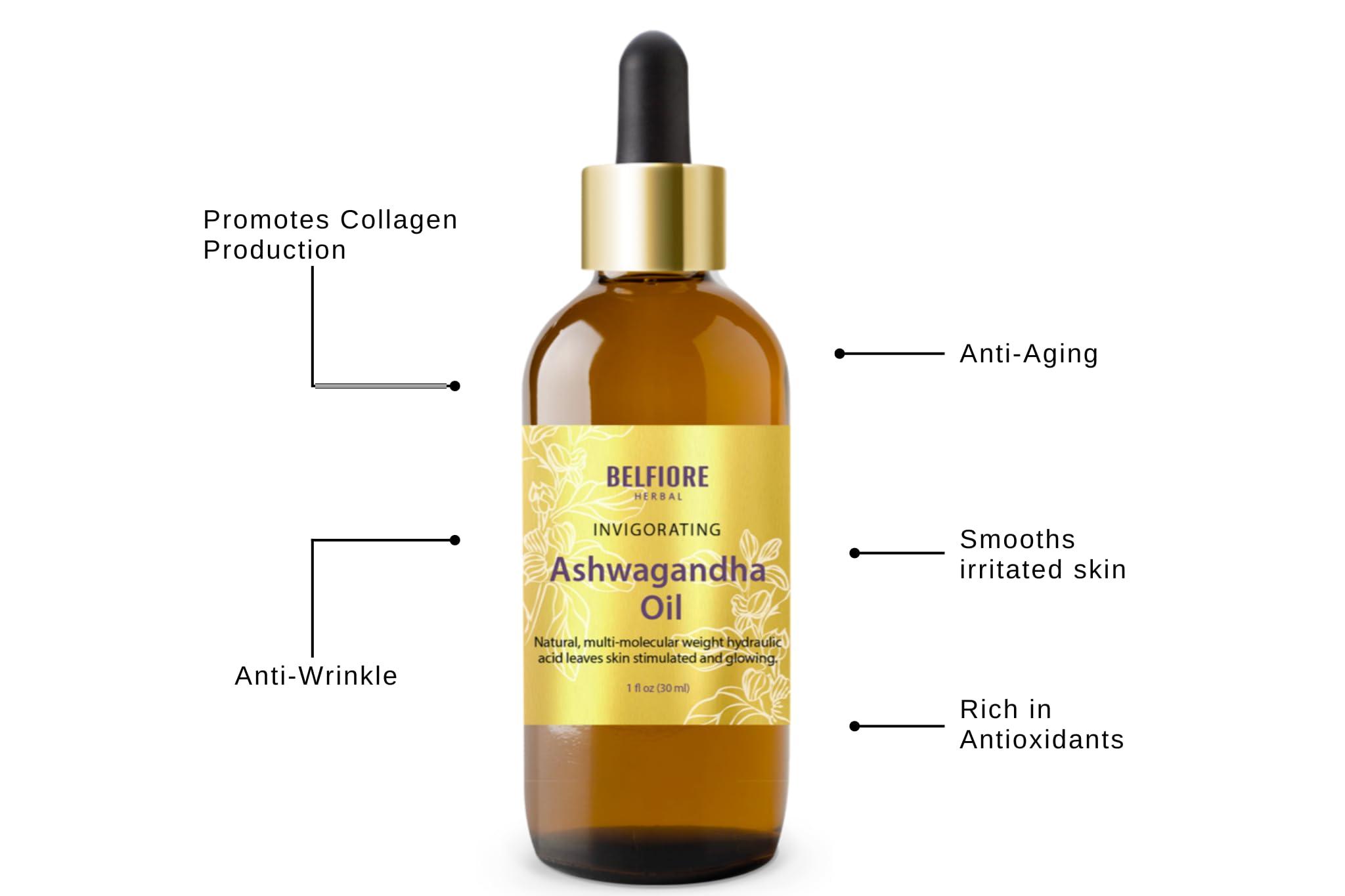 Belfiore Herbal Belfiore Herbal Ashwagandha 100% Pure Natural Organic Oil, Immune Support, Healthy Skin, Collagen Boosting Anti Wrinkle, Vegan non-GMO, 1 ounce