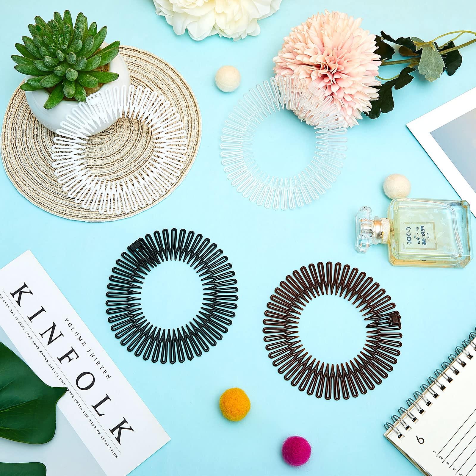 Potchen 20 Pcs Full Circular Stretch Comb Flexible Circle Comb Circular Plastic Headband with Teeth 90s Hair Accessories Hairband Holder for Women Girls Yoga Sports (Black, Coffee, Clear, White)