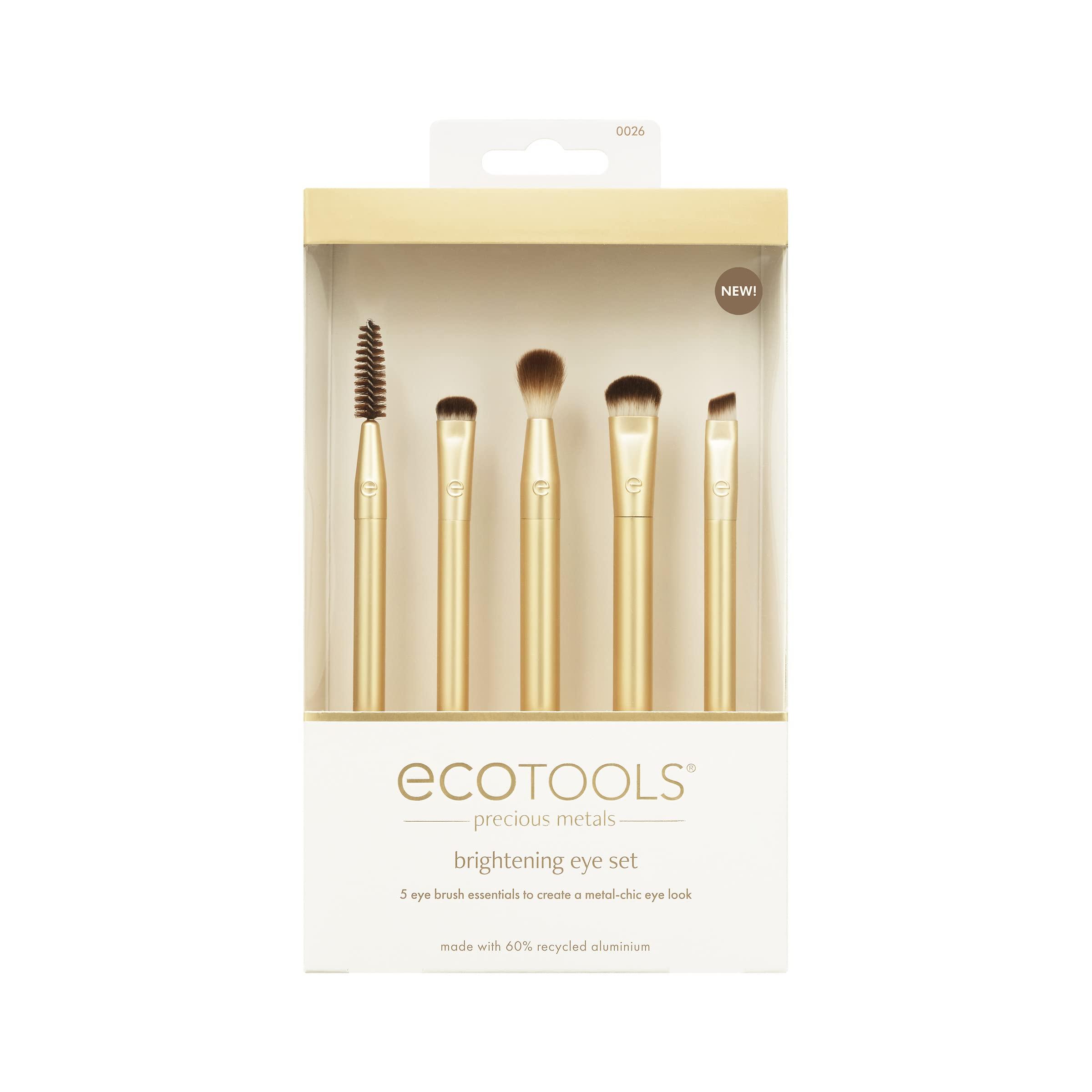 EcoTools EcoTools Precious Metals Brightening Eye Kit, Precision Makeup Brushes For Eyeshadow, Brows, & Liner, Eco-friendly Makeup Brush Set, Sustainable Recycled Aluminum, Cruelty-Free, Chrome, 5 Piece Set
