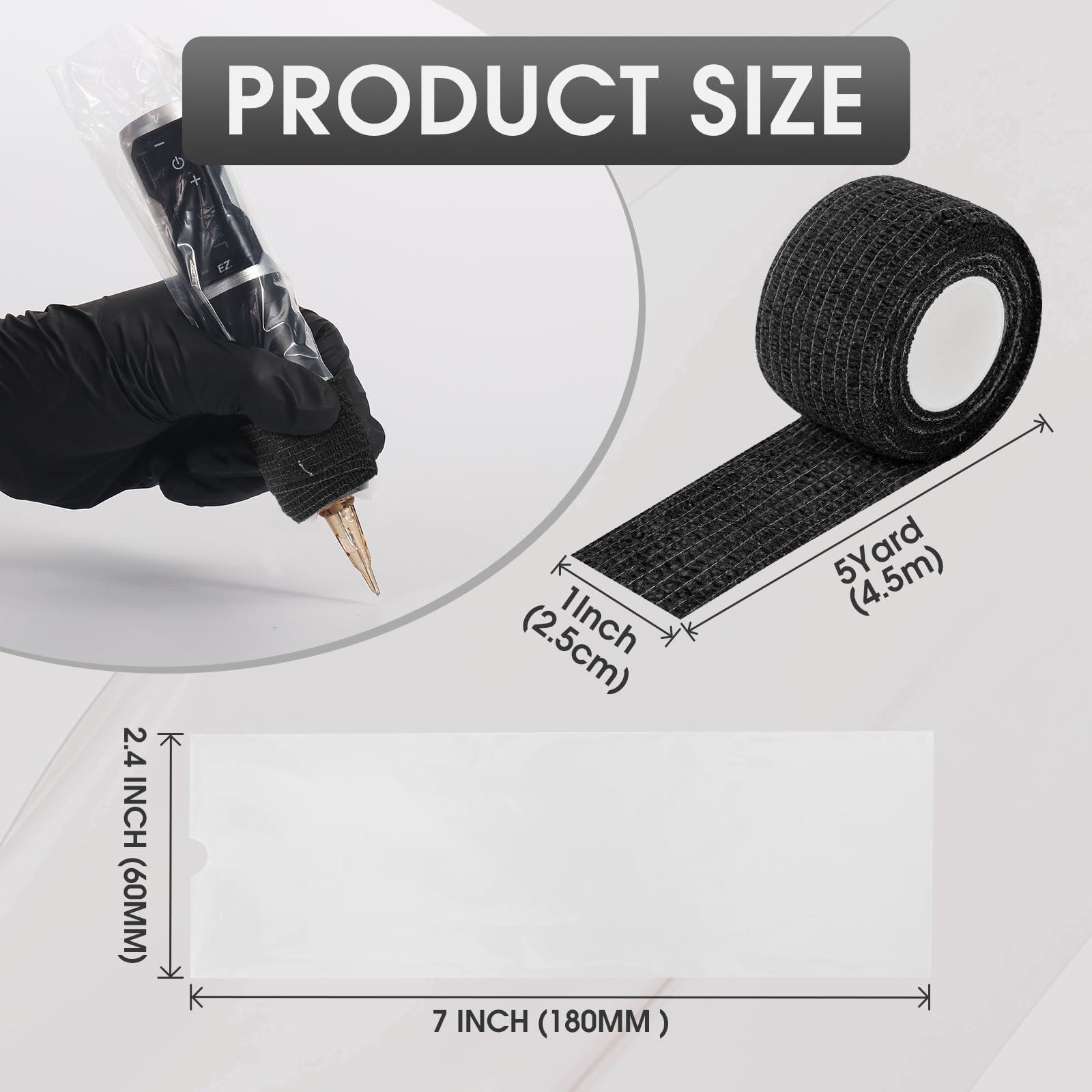 EZTAT2 EZ Tattoo Machine Covers with Grip Tapes - 9PCS (1inch x 5 Yard) Tattoo Grip Wrap with 200pcs (2.4 inch X 7 inch) Disposable Tattoo Pen Machine Covers Tattoo Supplies