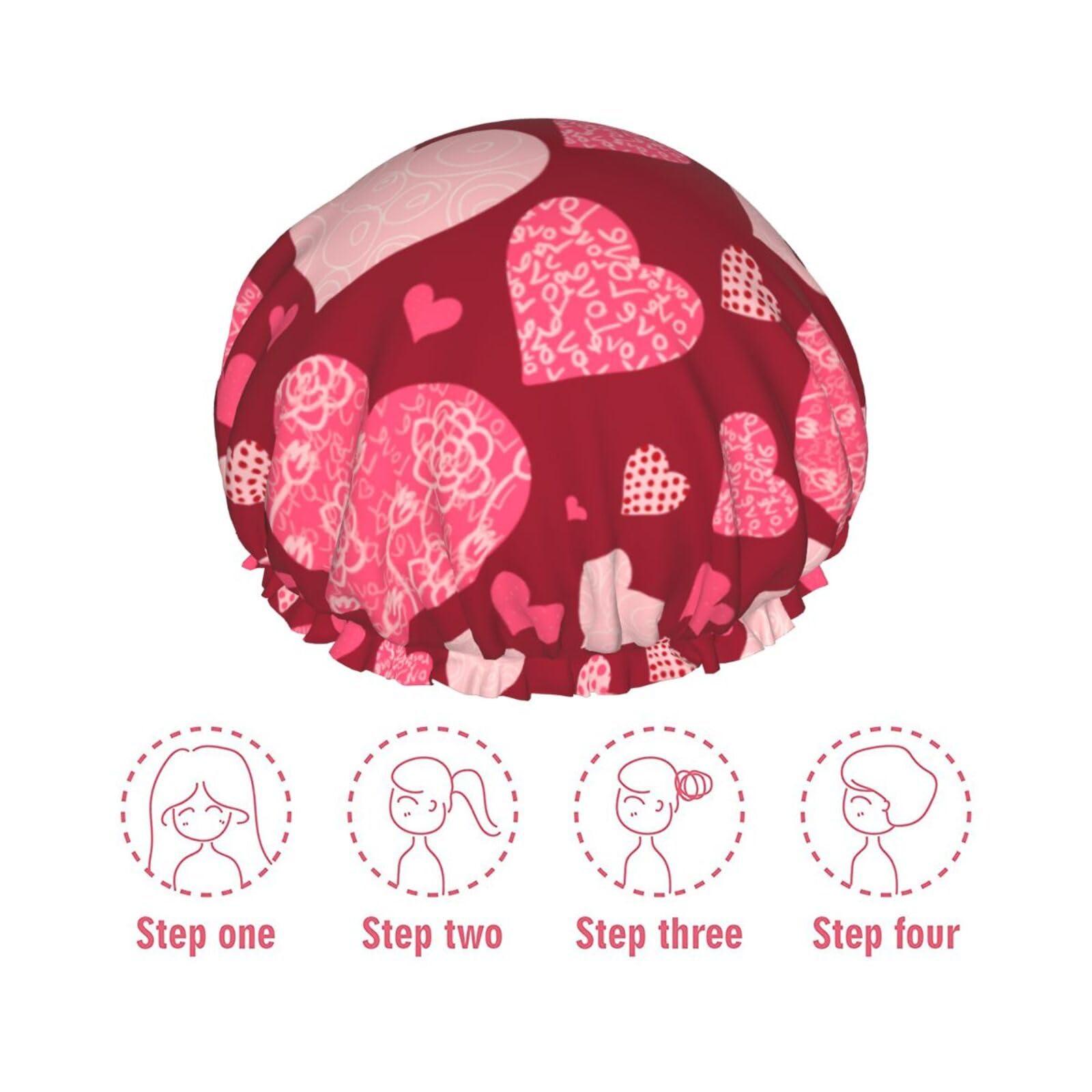 YIPOCH Pink Floral Plaid Hearts Large Shower Cap for Women Men Shower Caps for Women Reusable Waterproof Hair Cap Double Layers Showercap With PEVA Lined & Elastic Band Fashion Shower Bonnet