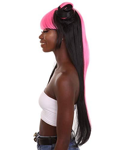 HPO HPO Adult Women's Pinned Up Double Bun China Doll Rapper Wig - Electric Pink and Black Hair - Capless Cap Design