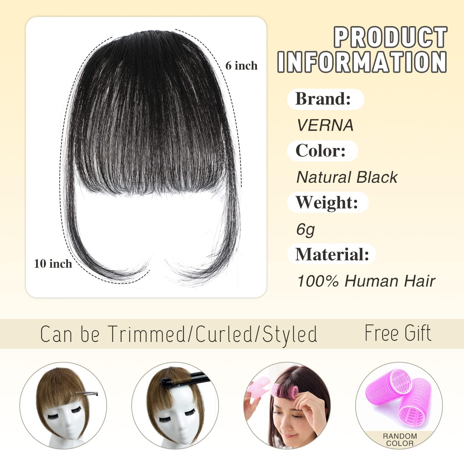 Verna VERNA Bangs Hair Clip in Bangs - 100% Real Human Hair Bangs Clip in Hair Extensions, Easy to Use Fake Bangs, Natural Clip on Bangs, Black Wispy Bangs for Daily Wear (1B, Natural Black)