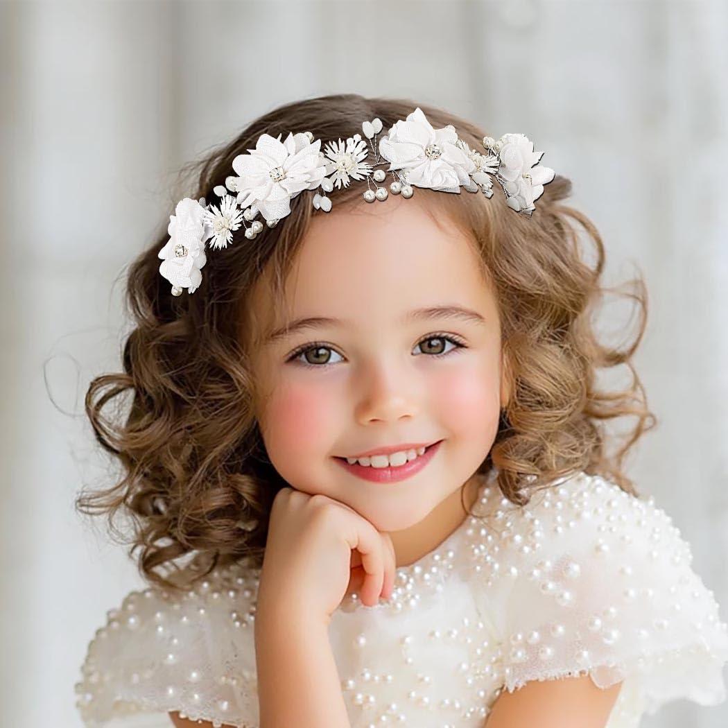 Campsis Campsis Flower Girl Headpiece White Princess Headband Pearl First Communion Hair Bands Wedding Birthday Party Hair Accessories for Women and Girls