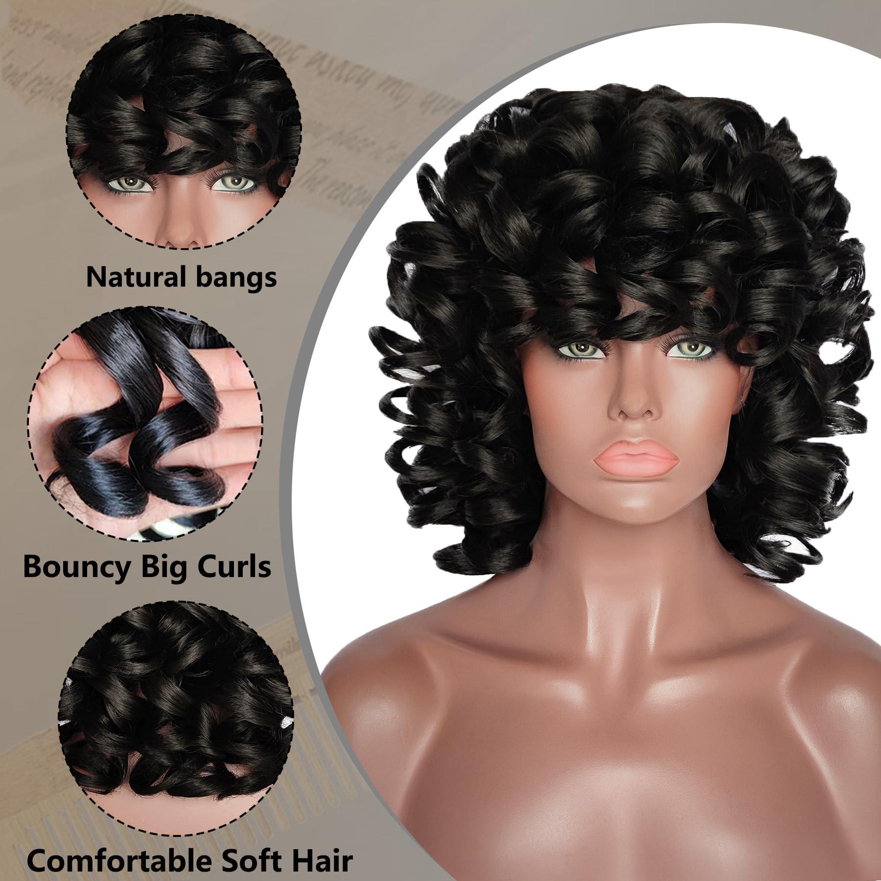 ELIM ELIM Curly Wigs for Black Women Short Kinky Curly Black Wigs for Women Big Curly Afro Soft Wig with Bangs Heat Resistant Natural Cute Synthetic Wig with Accessories Z014