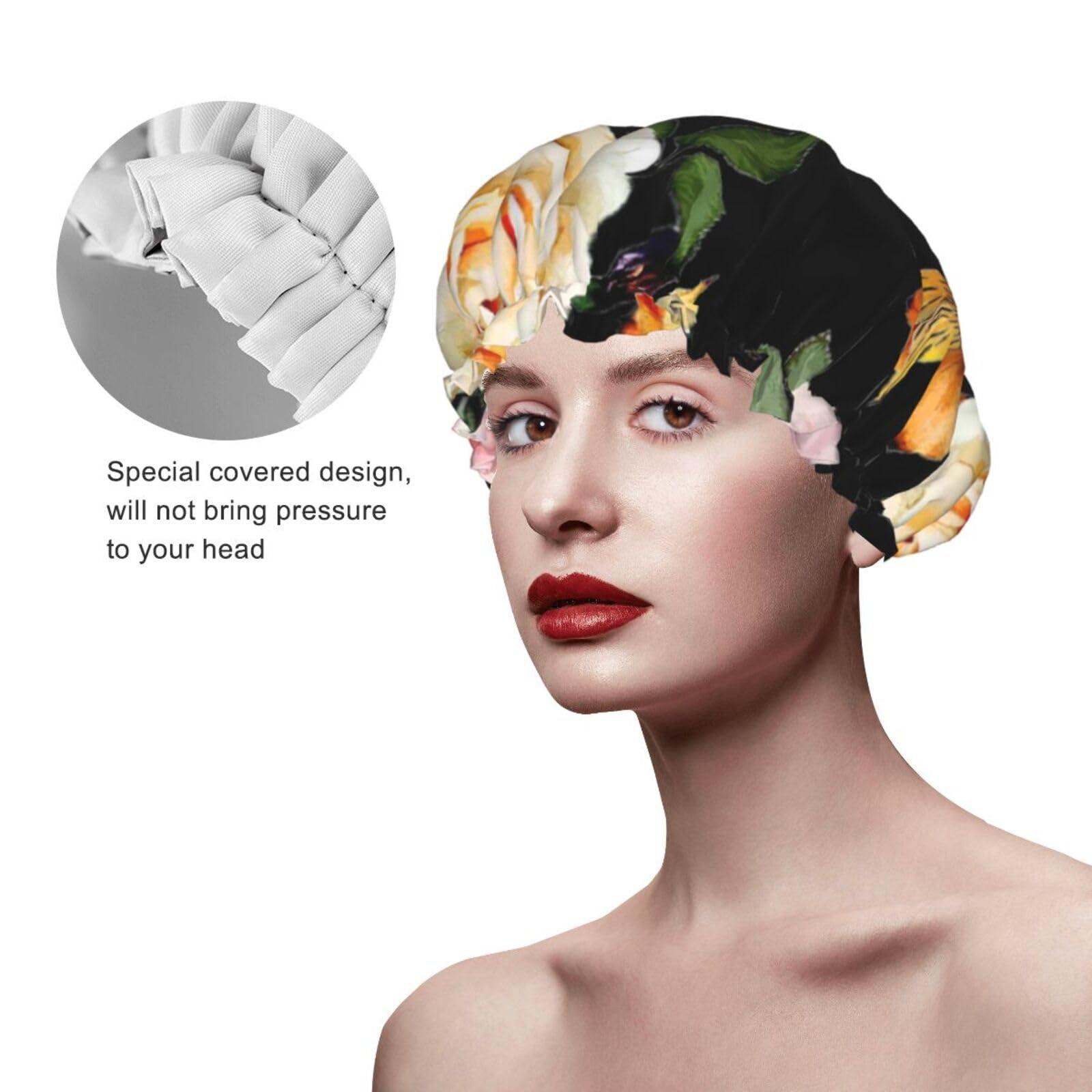 WURTON WURTON Cream Shabby Rose Flower Print Soft Shower Cap for Women, Reusable Environmental Protection Hair Bath Caps