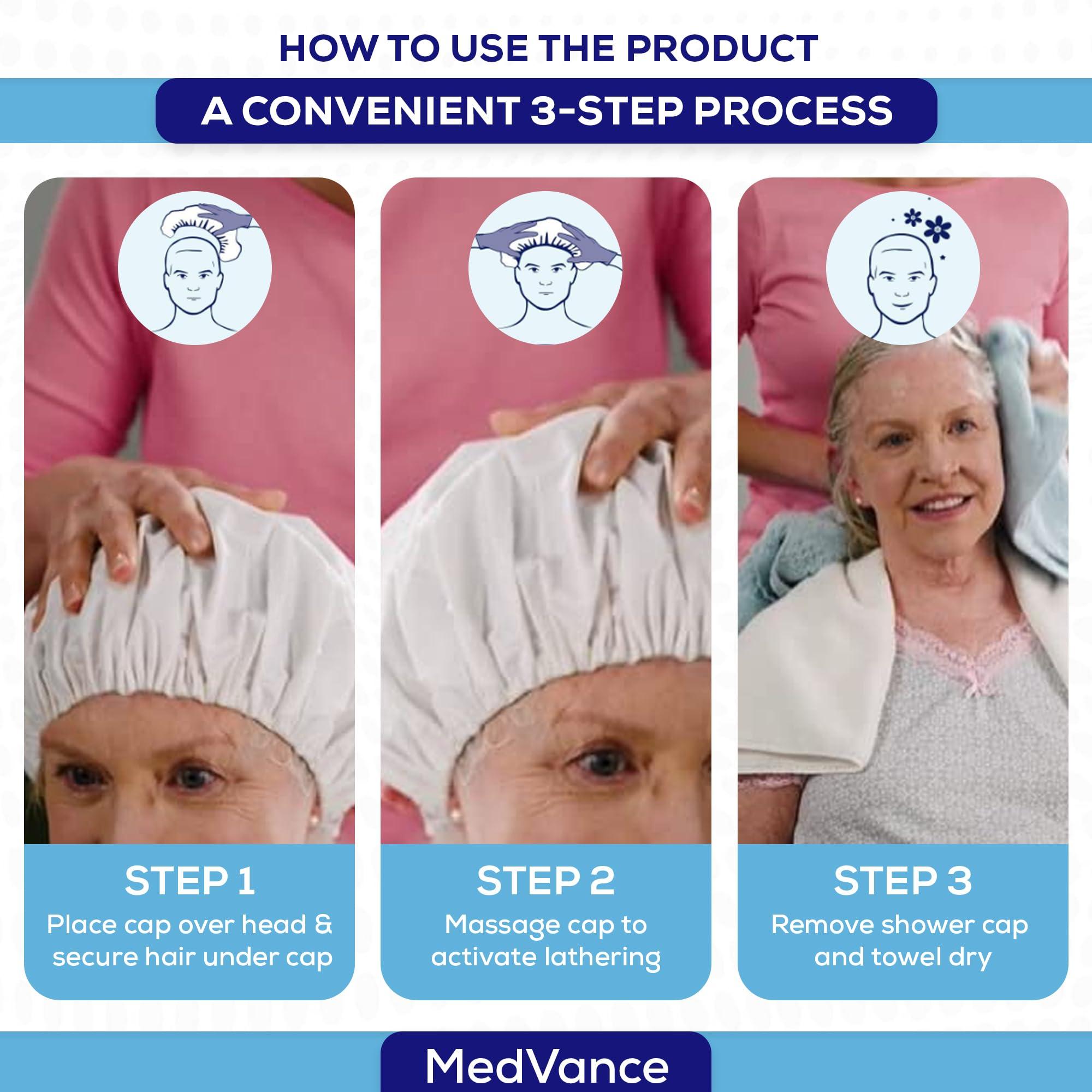 MedVance MedVance No Rinse Shampoo Cap | Rinse Free Shower Cap that Shampoos & Conditions | PH Balanced & Hypoallergenic Waterless Hair Wash | 3 Pack