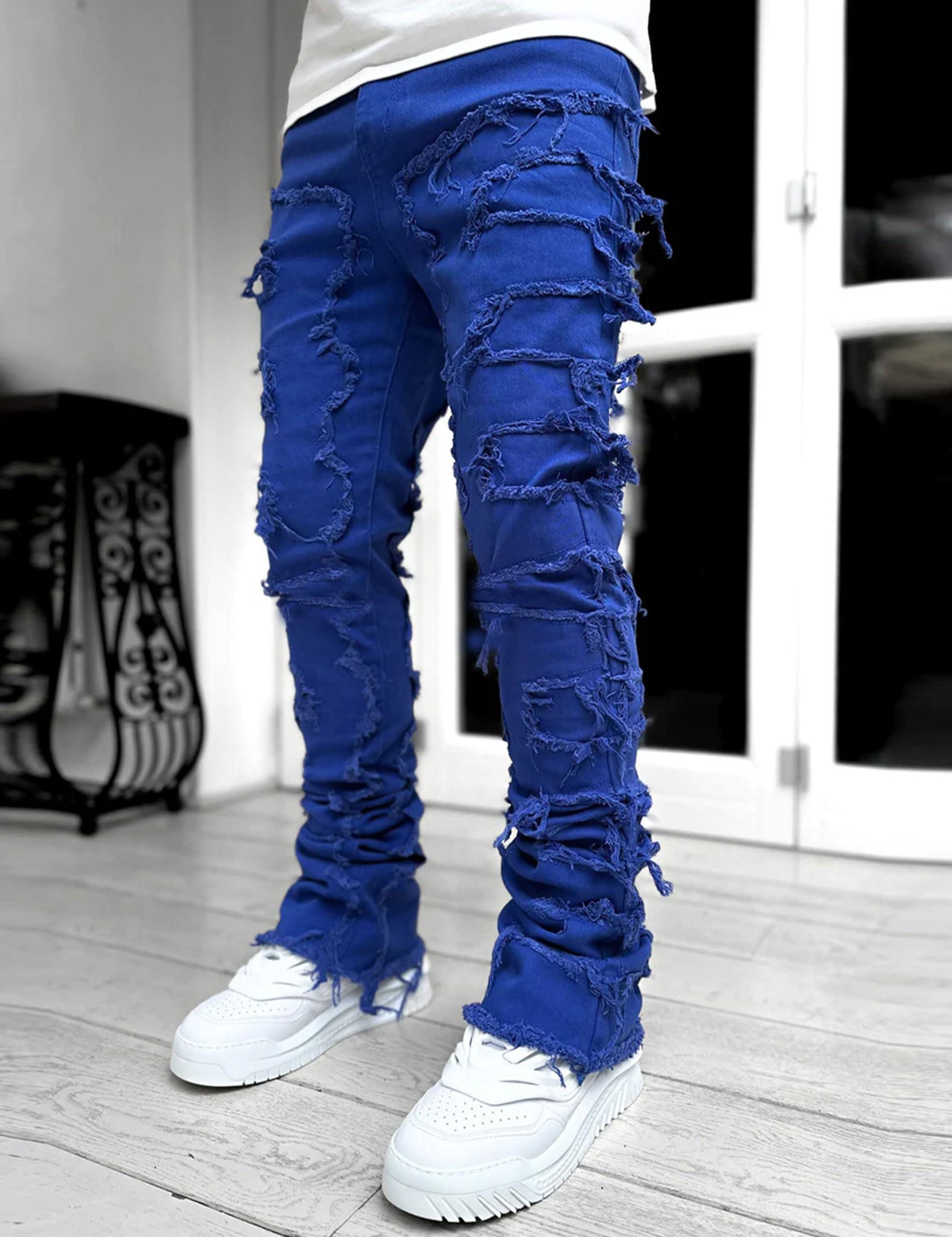 COOLMONAR COOLMONAR Men\'s Ripped Distressed Destroyed Slim Fit Straight Leg Denim Jeans