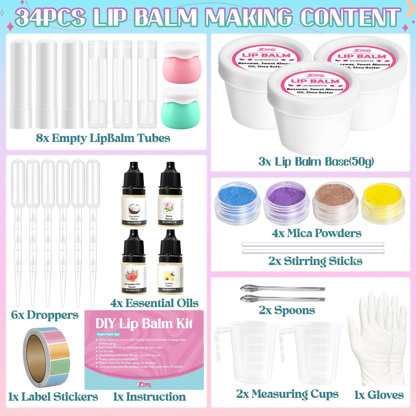 Jcoos Lip Balm Making Kit JCOOS Diy Lip Balm Kit Make Your Own Lip Gloss Making Kit, Moisturizing Lip Balm Base, Natural Beeswax, Lip Balm Containers, Lip Gloss Flavoring Oil, Crafts for Teens, Kids, Adults