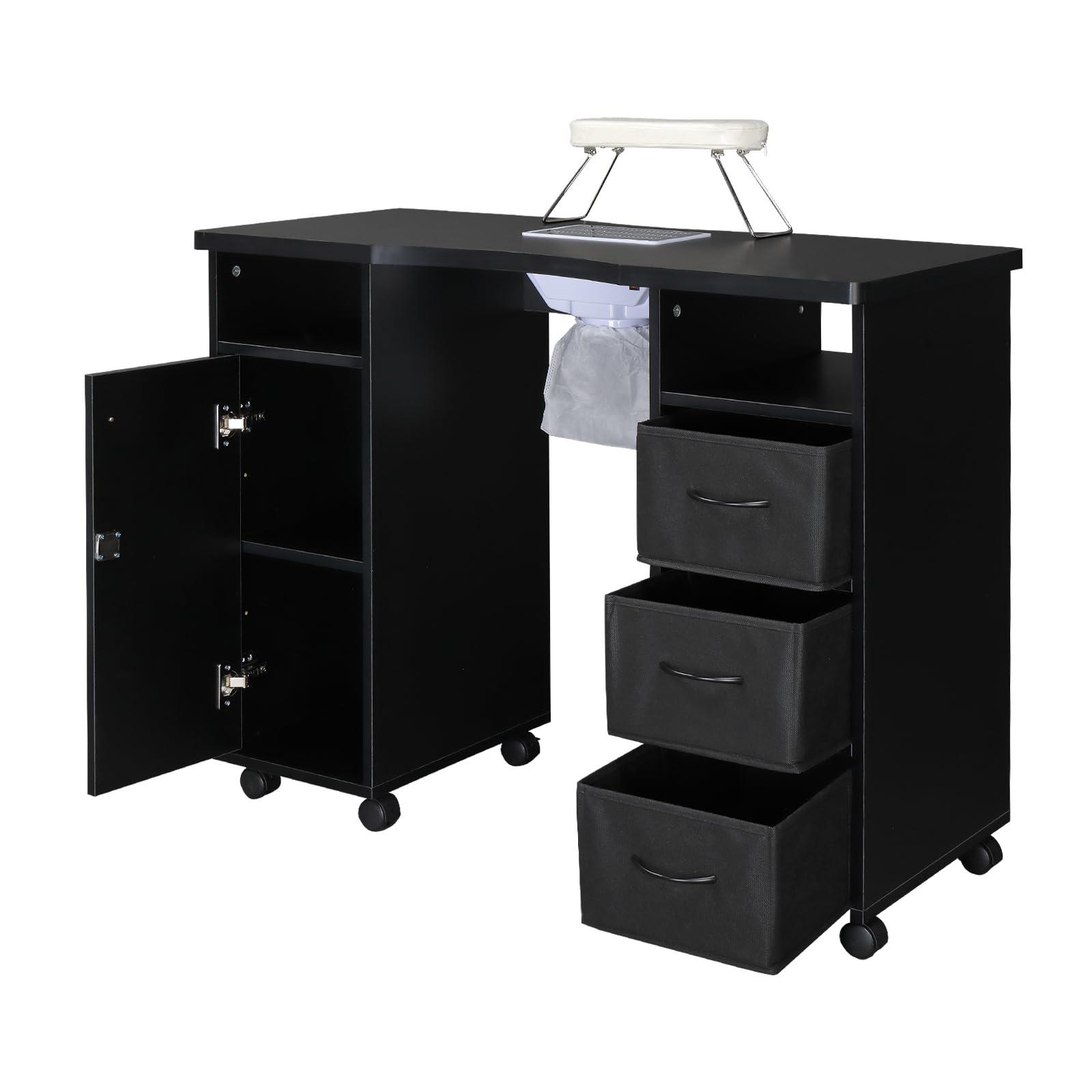 SSLine Manicure Nail Table Station with Fan and Wheels,Manicure Table Nail Beauty Spa Salon Desk Workstation w/3 Drawers,1 Cabinet,Nail Art Desk Workstation